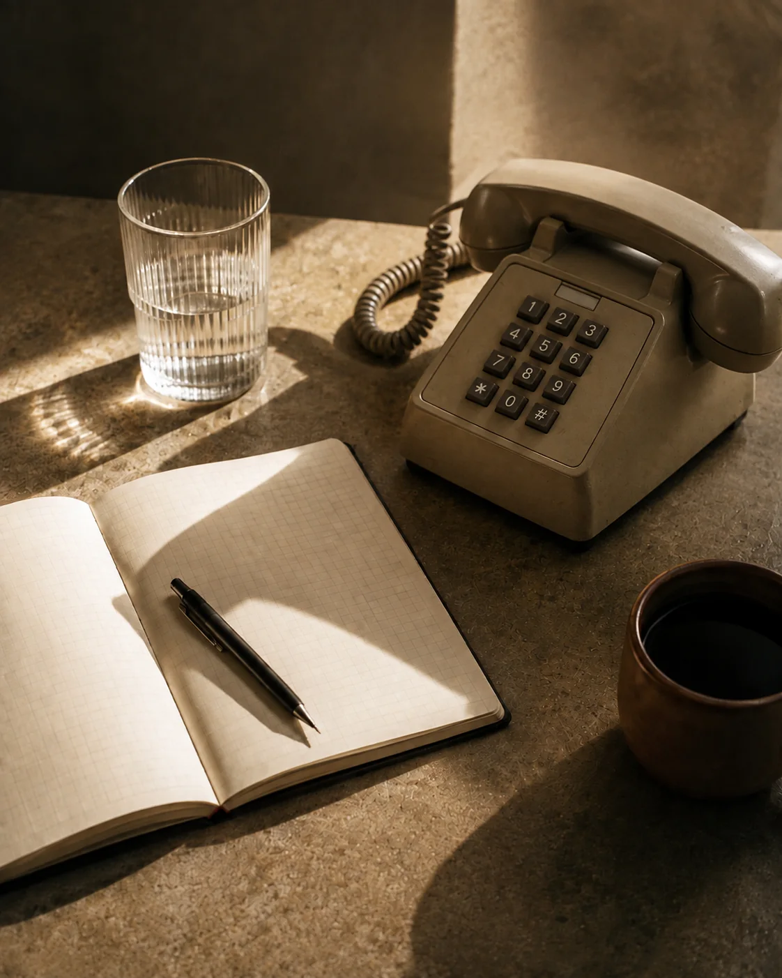 Vintage telephone and notebook desk setup