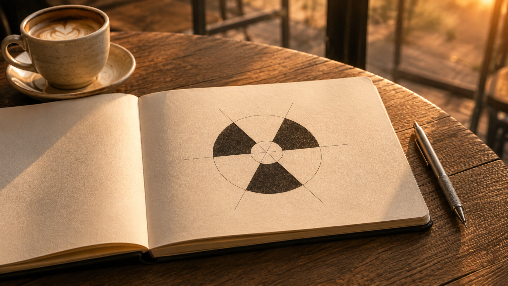Notebook with radiation symbol on table