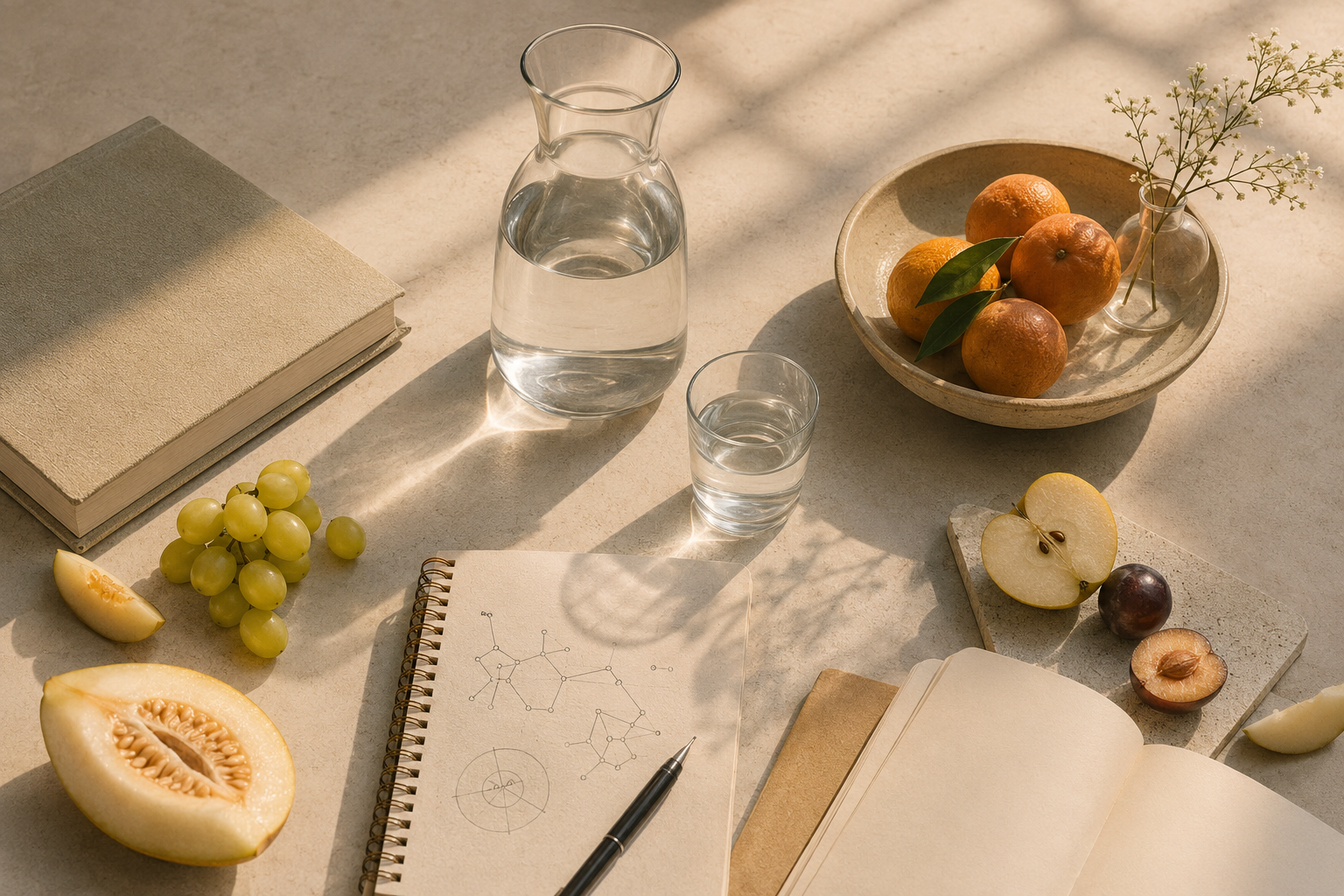 Notebook and fruits workspace setup