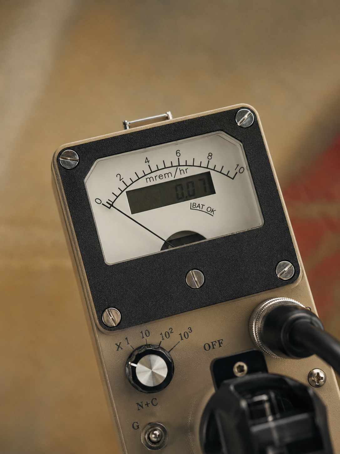 Analog radiation meter close-up