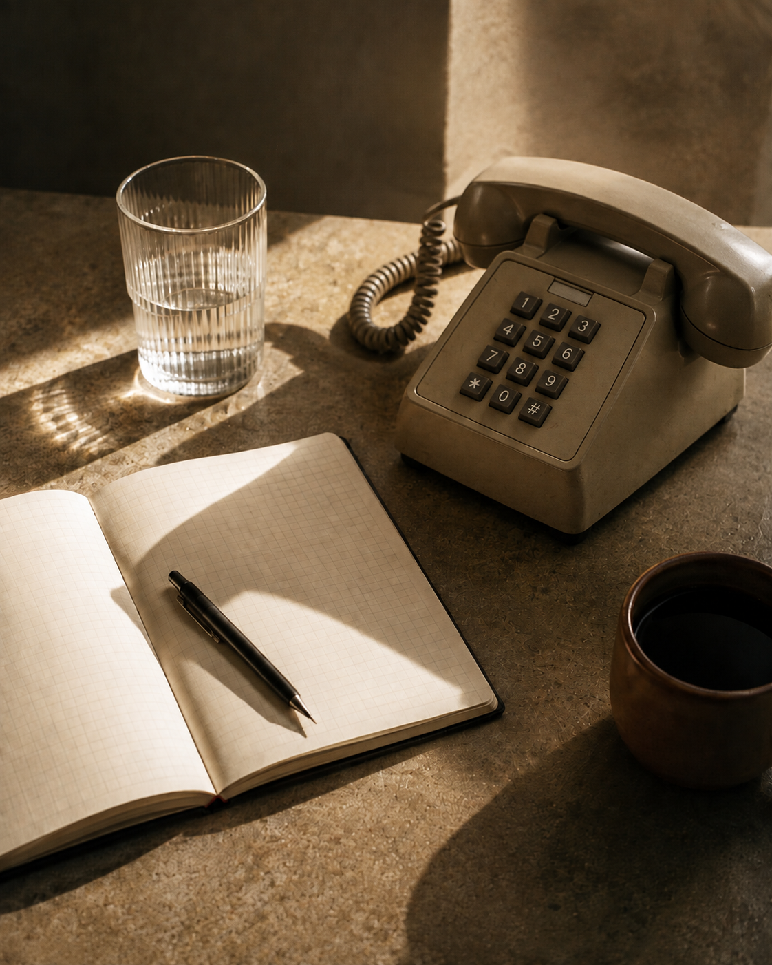 Vintage telephone and notebook desk setup